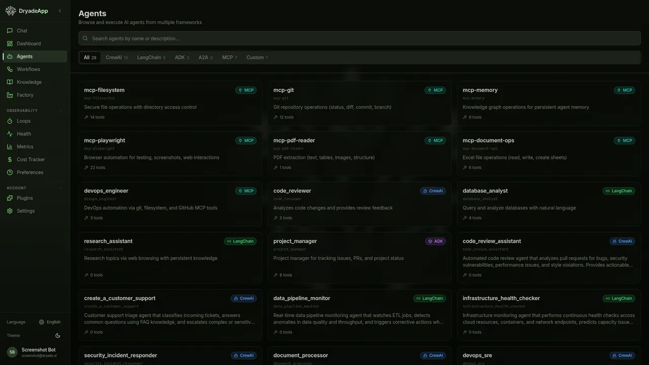 Dryade agents panel — connected MCP tools and capabilities