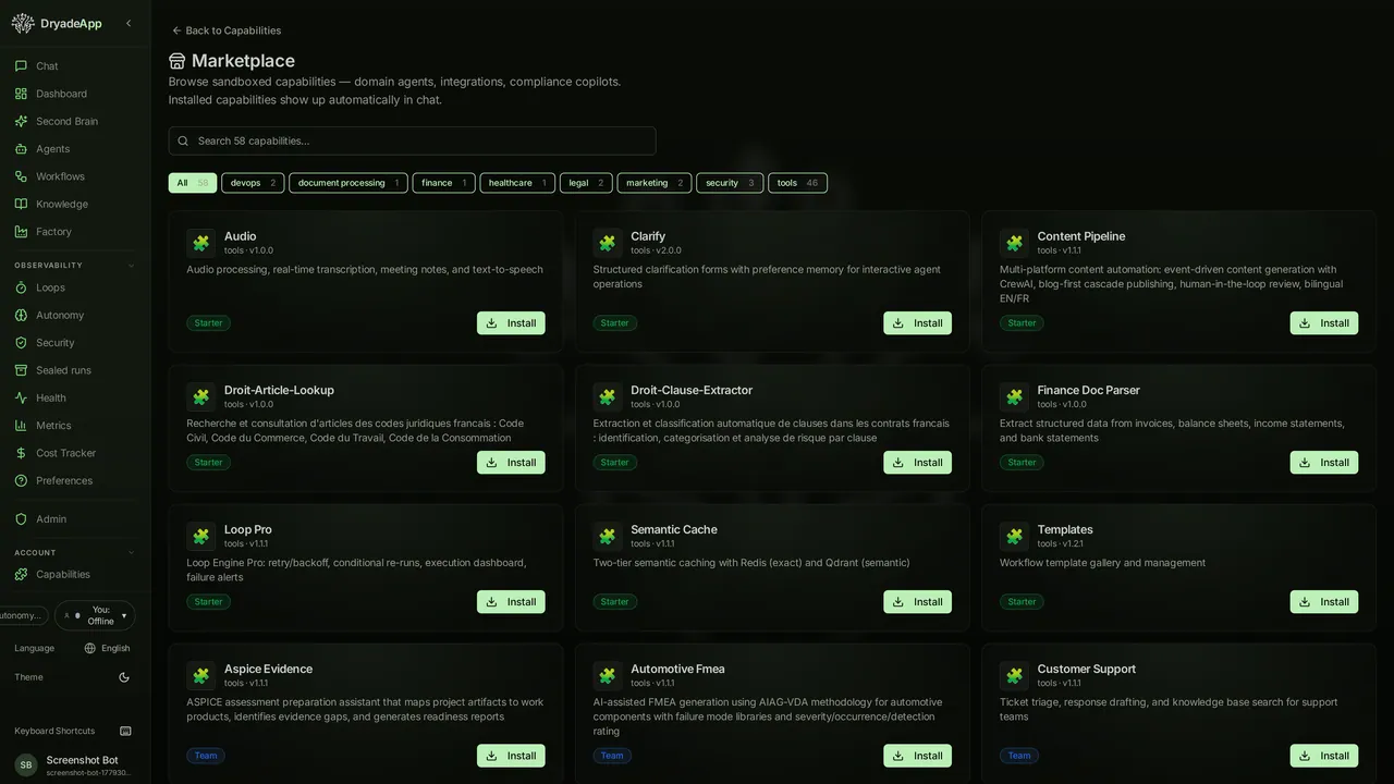 Dryade marketplace — 58 signed plugins across devops, document processing, finance, healthcare, legal, marketing, security, tools