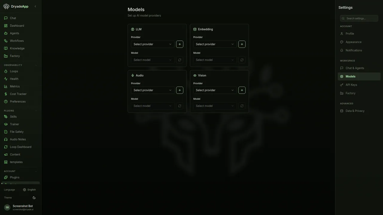 Dryade settings — configure LLM providers (OpenAI, vLLM, Anthropic)